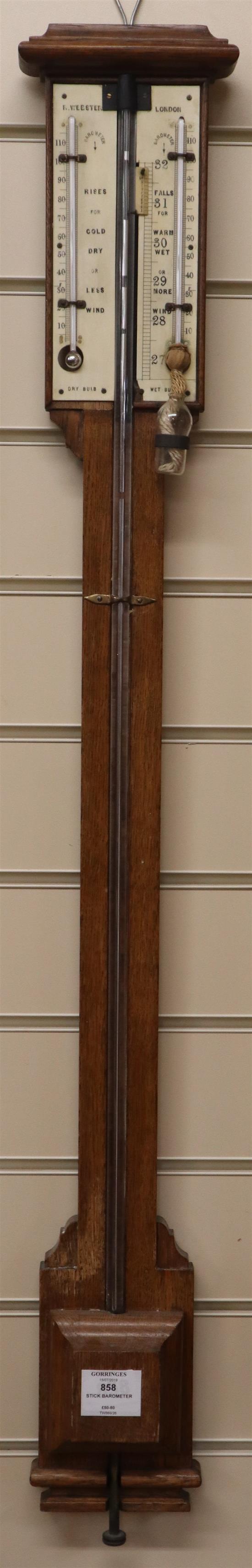 A Victorian oak stick barometer by R. Webster, London, with ivory scales H.100cm